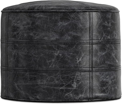 SIMPLIHOME Connor Boho Round Pouf in Distressed Black Genuine Leather for the Living Room, Bedroom and Kids Room