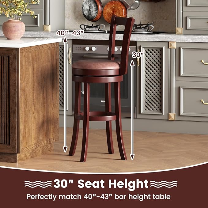 COSTWAY Barstools Set of 4, 30” Faux Leather Upholstered Bar Stools with High Backs and Footrests, Armless Kitchen Island Dining Chairs with Solid Wood Legs, Cappuccino (4, 30'' Seat Height)