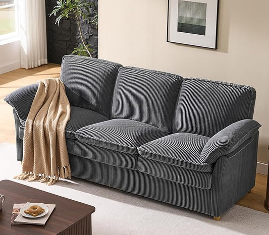 ONBRILL 86.6" Corduroy Couches for Living Room, Comfy 3 Seater Sofa with Pillow-Top Armrest & Dual-Layer Cushions, Mid Century Modern Couch for Bedroom, Apartment, Grey
