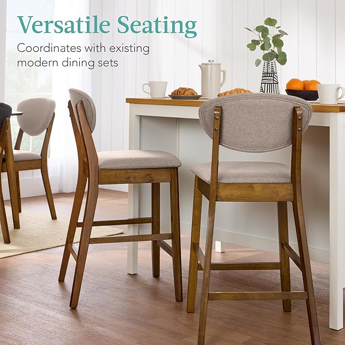 Best Choice Products Bar Stool Set of 2, Mid-Century Modern Upholstered Wood, Armless Counter Height w/Seat Cushion, Backrest - Walnut/Gray