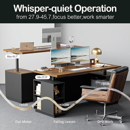 Home Office Furniture Set, 71" Electric Standing Desk with 2 Wide File Cabinet, AC/USB, Mobile File Cabinet with Lockable Wheels, Furniture Set with Multiple Functions,Black Walnut