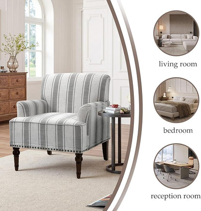 Pia Ricco Stripe Accent Chair-Modern Nailhead Trim & Wood Legs Armchair - Comfy Living Room, Bedroom, or Home Office Seating-Gary