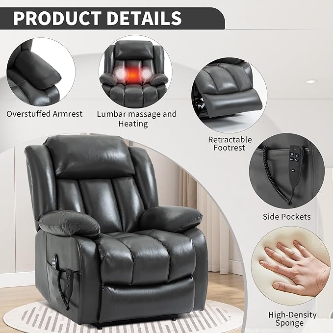 Recliner Chairs for Adults, Power Lift Chair for Elderly, Oversized Bedroom Chair with Massage&Heat, Leather Nursery Glider Chair for Living Room, Sofa Chair Home Theater Seating with Lumbar Support