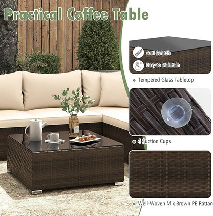 Tangkula 7 Pieces Patio Rattan Furniture Set, Patiojoy Outdoor Conversation Set with Cushions and Tempered Glass Coffee Table, All-Weather Sectional Sofa Set for Garden, Lawn, Backyard