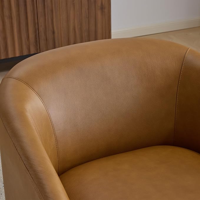 AEDI Genuine Leather Swivel Accent Chair with Solid Wood Base, Upholstered Barrel Armchair for Living Room, Modern Small Club Chair,Genuine Leather,Camel