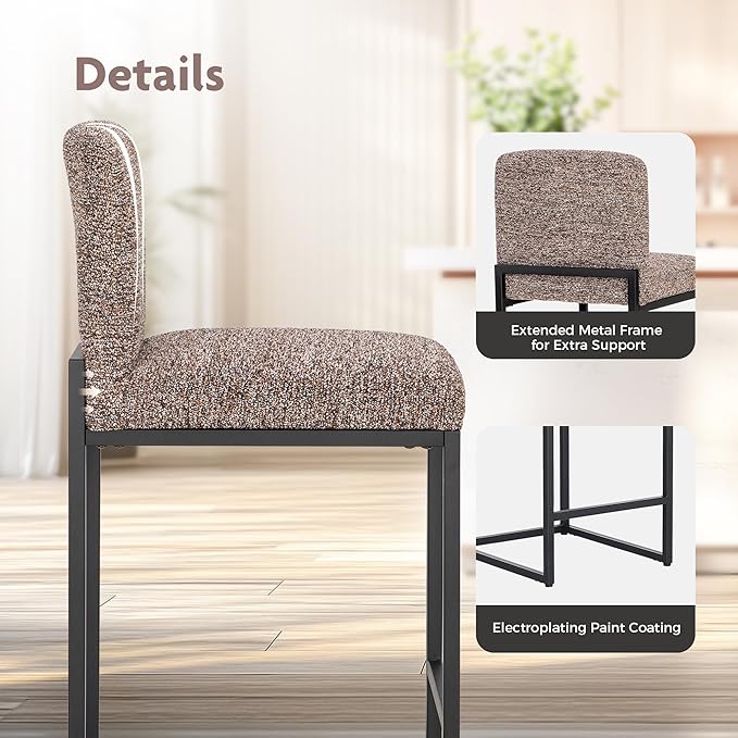 ALPHA HOME 24" Bar Stools Set of 4 Kitchen Counter Stools with Back, Counter Height Stools with Upholstered Footrest for Kitchen Island, Metal Steel Frame, Chenille, Brown