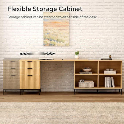 Fluted Executive Desk with Storage Cabinet, 60" Modern Flexible Home Office Desk, Large Wood Convertible Computer Standing Up Desk with File Drawer, L Shaped Writing Desk Natural Oak