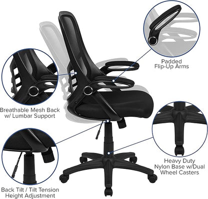 Flash Furniture Porter High Back Black Mesh Ergonomic Swivel Office Chair with Black Frame and Flip-up Arms