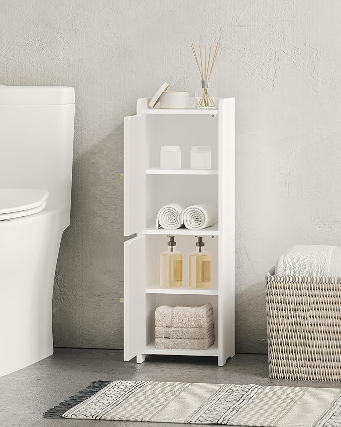 Bathroom Storage Cabinet, Corner Floor Cabinet with 2 Doors and Adjustable Shelf, Narrow Toilet Paper Cabinets, Bathroom Organizer for Small Spaces, 7.9" D x 9.8" W x 29.5" H White