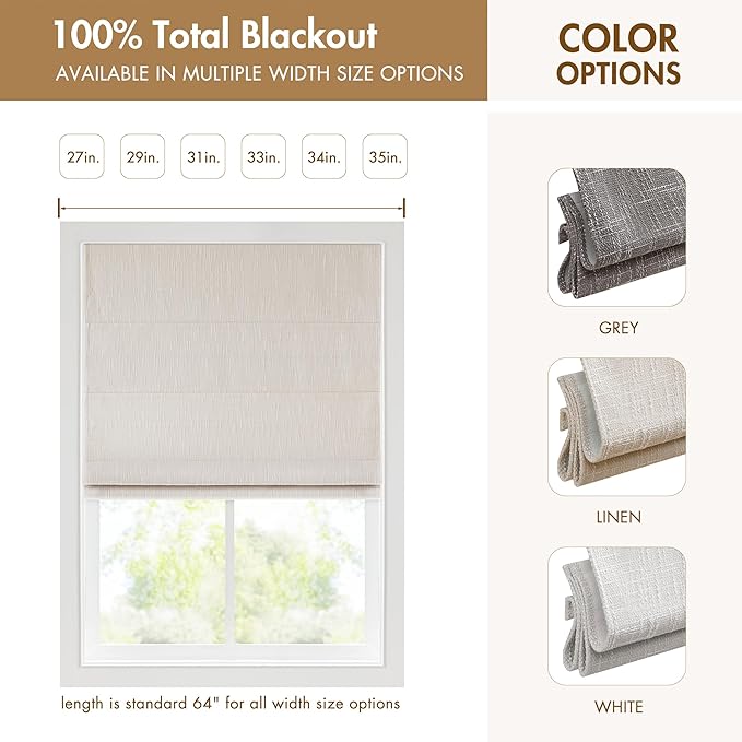 Madison Park Cordless Roman Shades, Total Blackout Window Blind Privacy Window Shades, Thermal Insulated Cordless Window Treatment for Bedroom, Living Room, Quincy, Single Panel 33" W X 64" H Linen