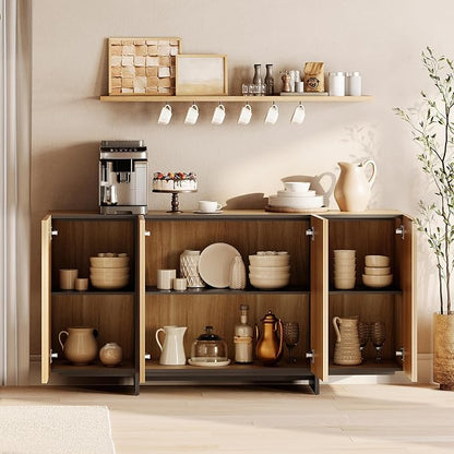 WAMPAT Modern Sideboard Buffet Cabinet with 4 Doors, Multifunctional Sideboard with Large Storage and T-Shaped Legs, Coffee Bar Cabinet Storage Cabinet for Kitchen, Living Room, Oak