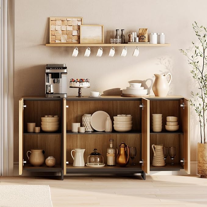 WAMPAT Modern Sideboard Buffet with 8 Doors, Multifunctional Sideboard with Large Storage and T-Shaped Legs, Coffee Bar Cabinet Storage for Kitchen, Living Room, Oak