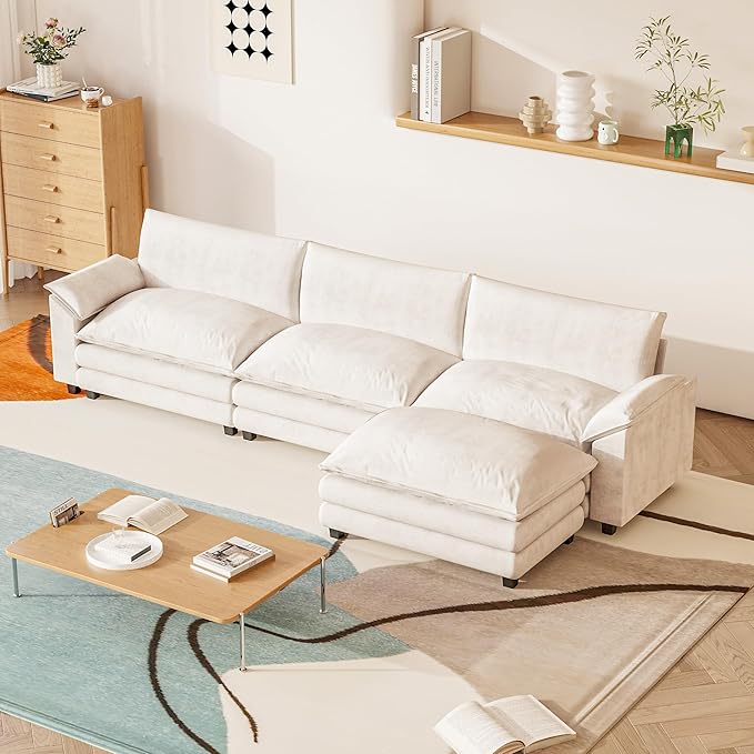 Furniwell Modular Sectional Sofa with Moveable Ottoman, Oversized 3-Seater Couch with Supportive Backrest, Chenille Convertible Sofa Couches for Living Room/Apartment (Whtie, L Shaped)