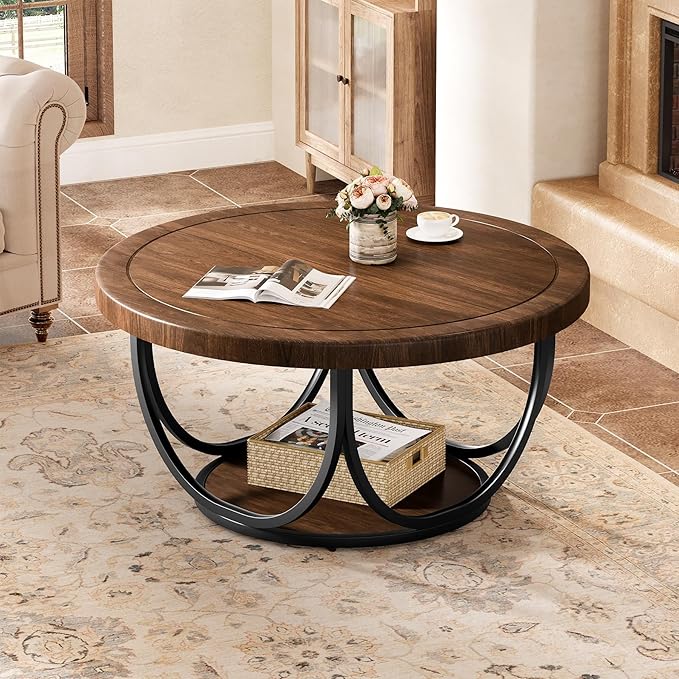 Tribesigns Round Coffee Table with 2 Tiers, 33.5" Wooden Circle Accent Cocktail Table with Storage Shelf and Metal Frame, Industrial Center Tables for Living Room, Brown & Black