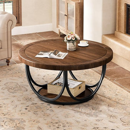 Tribesigns Round Coffee Table with 2 Tiers, 33.5" Wooden Circle Accent Cocktail Table with Storage Shelf and Metal Frame, Industrial Center Tables for Living Room, Brown & Black