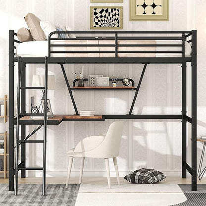 Full Size Loft Metal Bed with Desk and Shelf,Modern Bedroom Bed Frame w/Full-Length Guardrails & Ntegrated Ladder,Slat Support,for Adult Kid Boy Girl Teen,Black