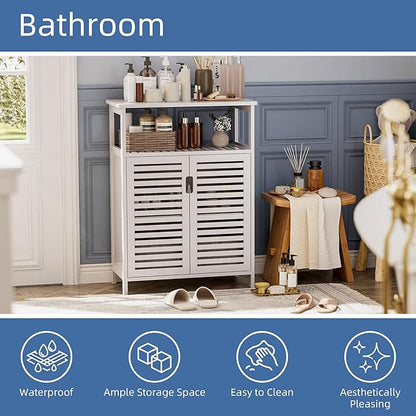 HITNET White Bathroom Cabinet, Bamboo Storage Cabinet Freestanding, Side Tall Storage Organizer for Kitchen Living Room Entryway