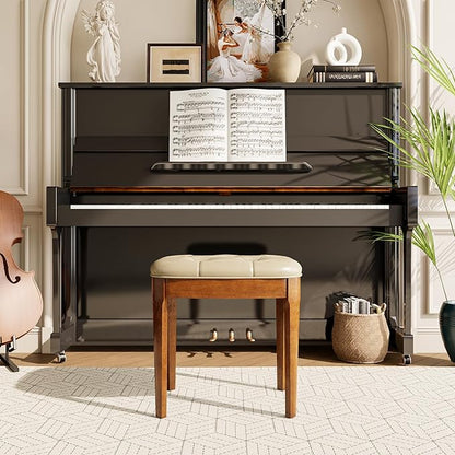 MODERION Vanity Bench with Upholstered, Modern Luxury Wood Stool ,Ottoman Shoe Bench for Living Room, Vanity, Entryway, 19.3"L x 14.9"W x 19.3"H Easy Assembly, Beeswax Leg & Cream Beige Seat FD-HNY-BG