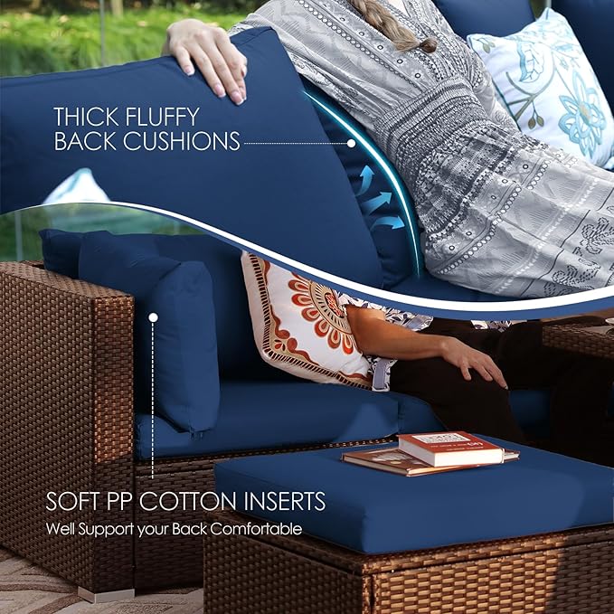 NICESOUL Large Size 9 Pcs Outdoor Patio Sectional Sofa Set with Firepit Natural Gas/Propane, 29.3'' High Back Conversation Sectional Couch Sets Deep Wide Sitting, Brown Rattan and Navy Blue Cushion
