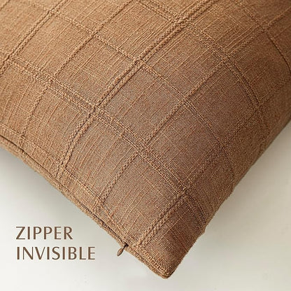 Foindtower Set of 2 Decorative Linen Check Throw Pillow Covers Neutral Farmhouse Vintage Cushion Covers Modern Boho Home Decor for Sofa Chair Couch Bedroom Living Room,16×16 Inch,Brick