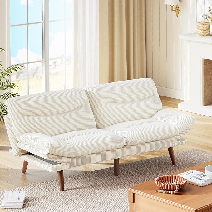 Marsail 75" Futon Sofa Bed, Futon Couch with Adjustable Backrest & Armrests, Convertible Sleeper Sofa Bed for Apartment, Living Room, Office, Corduroy Loveseat, Beige
