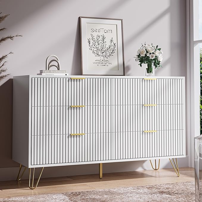 White Dresser for Bedroom, Modern Dresser with Gold Metal Handles & Chests of Drawers, Wood Chest of Drawers for Bedroom