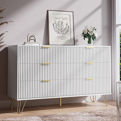 White Dresser for Bedroom, Modern Dresser with Gold Metal Handles & Chests of Drawers, Wood Chest of Drawers for Bedroom