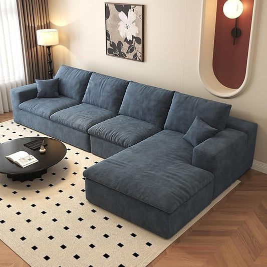 136.6'' L-Shaped Modern Modular Sectional Cloud Couch, 4-Seat Chenille Deep-Seat Sofa with Pillow for Living Room, Bedroom, Apartment, Ocean Blue