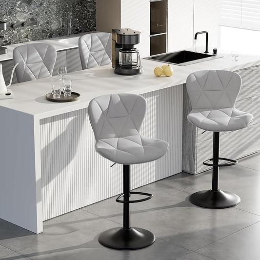 Bar Stools Set of 4,Adjustable Swivel Barstools, Faux Leather Bar Chairs,Upholstered Counter Height with High Backrest for Kitchen Island, Light Grey