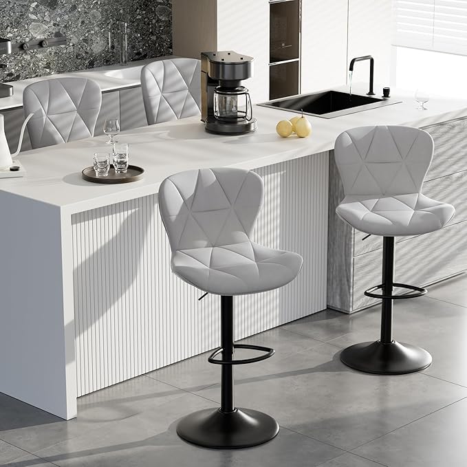 Bar Stools Set of 2,Faux Leather Bar Chairs,Upholstered Counter Height with High Backrest for Kitchen Island, Light Grey