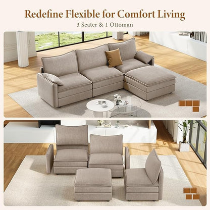 Vesgantti 108" Modular Sectional Sofa, Comfy Cloud Couch with Movable Ottoman Deep Seat Chenille L Shaped Modular Sofa, Sectional Couches for Living Room, Bedroom and Apartment, Light Brown
