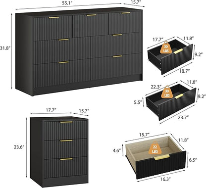 3-Piece Modern Bedroom Furniture Set, Wide 7-Drawer Dresser & 3-Drawer Nightstands Set of 2, Natural Wood Dresser and Nightstand Sets for Bedroom, Hallway, Black