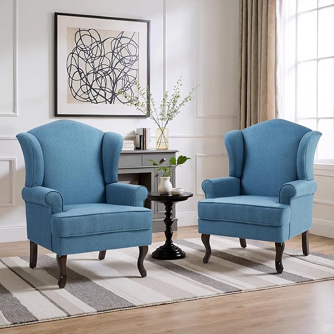Pia Ricco High Back Floral Accent Chair, Upholstered Fabric Armchair with Solid Wood Legs - Retro Living Room Reading Chair, Comfortable Single Sofa Seat-Ocean Blue
