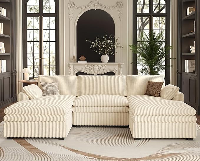 Belffin Large Modular Sectional Sofa with Double Deep Chaise, 104" Corduroy U Shaped Couch with 9" Soft Dual-Layer Seats Cushion Sectional Couches for Living Room, Apartment, Beige