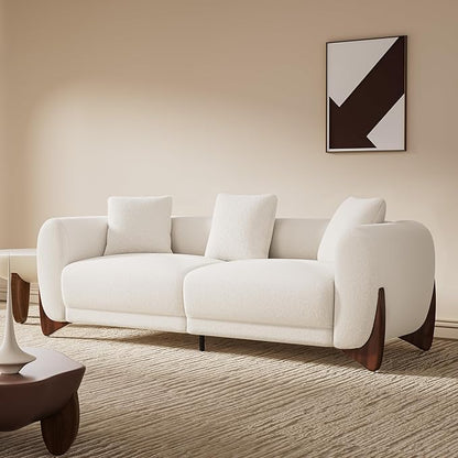 Morden Fort Modern Cloud Couch - 3 Seater Sherpa Boucle Sofa with Wood Legs, Ultra-Thick High Resilience Cushion with 3 Matching Pillows Upholstered Comfy Couch Sofa for Living Room - Off White