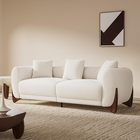 Morden Fort Modern Cloud Couch - 3 Seater Sherpa Boucle Sofa with Wood Legs, Ultra-Thick High Resilience Cushion with 3 Matching Pillows Upholstered Comfy Couch Sofa for Living Room - Off White