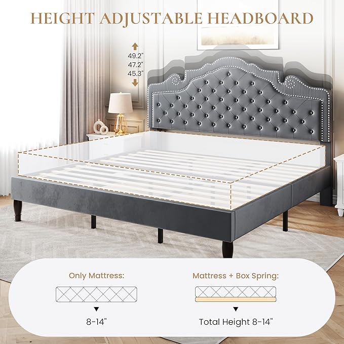 SHA CERLIN King Size Platfrom Bed Frame with Adjustable Headboard/Velvet Upholstered Diamond Button Tufted and Metal Studs/No Box Spring Needed/Easy Assembly/Woodenen Slat Support/Light Grey