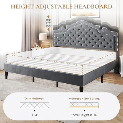 SHA CERLIN King Size Platfrom Bed Frame with Adjustable Headboard/Velvet Upholstered Diamond Button Tufted and Metal Studs/No Box Spring Needed/Easy Assembly/Woodenen Slat Support/Light Grey