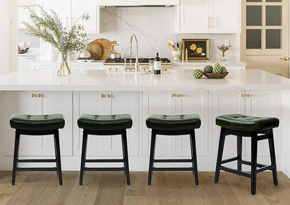 Counter Height Bar Stools Set of 6 for Kitchen Counter Farmhouse Modern Barstools with Faux Leather Upholstered Backless Seat and Solid Wood Legs 24 inch Bar Chairs, Green + Black