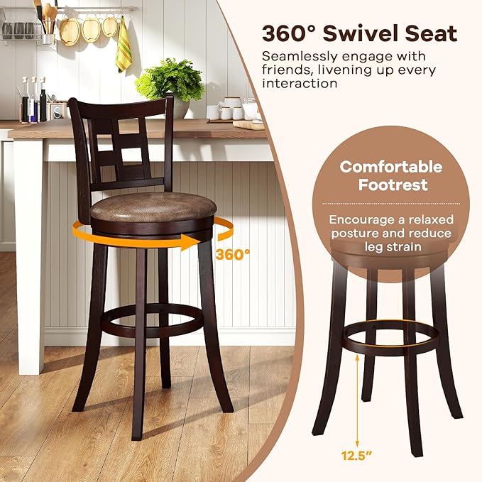 COSTWAY Set of 2 Bar Stools, 30” Swivel Bar Chairs with Footrest, Rubber Wood Frame & Lattice Backrest, Leathaire Bar Height Stools for Kitchen Island (2, 30”)