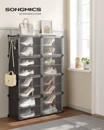 SONGMICS Shoe Rack Organizer, 8-Tier Shoe Storage Cabinet for Closet and Entryway, Holds 32 Pairs of Shoes, Adjustable, Ink Black and Trasparent ULPC034B01