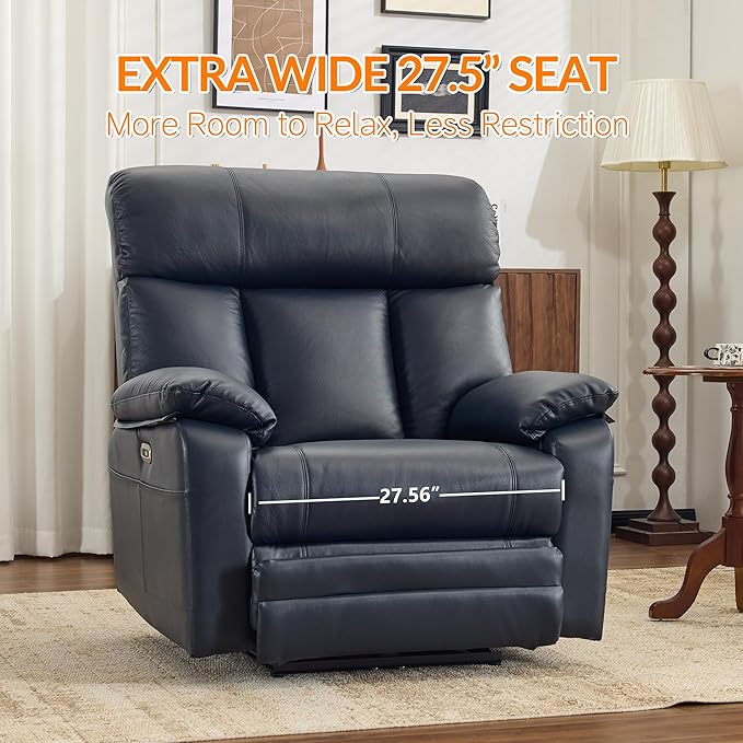 AEDI 450lbs Genuine Leather Power Recliner Chair for Big and Tall Adults Oversized Electric Reclining Sofa for Living Room,Extra Wide 27" Seat,USB Charging(Top Grain Leather,Dark Blue)