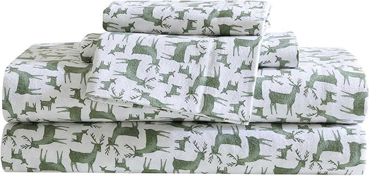 Eddie Bauer - Flannel Sheets Queen Size, Anti-Pilling & Wrinkle Resistant Cotton, Touchably Soft for All-Season Comfort - Bed Sheets with Matching Pillowcases & Fitted Sheet (Deer Camp Green)