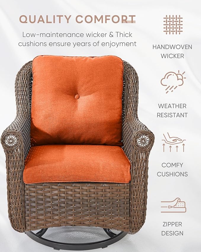 Patio Chairs Outdoor Swivel Glider - Set of 4 High Back Outside Brown Wicker Rattan Rocking Chair with Thick Cushion for Porch Apartment Deck Yard Poolside Garden - Orange