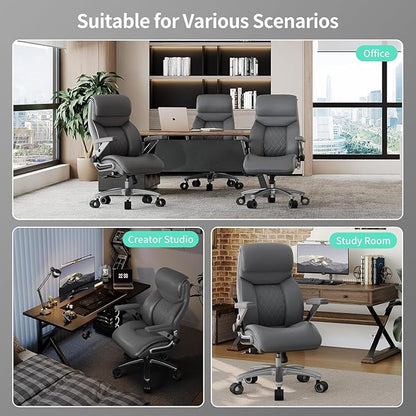 Big and Tall Office Chair with 5D Arms, 600lbs Heavy Duty Desk Chair with Adjustable Lumbar Support, PU Leather High Back Ergonomic Executive Computer Chair with 3'' Silent Casters
