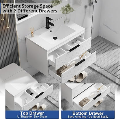 eclife 30" Bathroom Vanities Cabinet with Sink Combo, Wall Mounted Floating Cabinet W/Decor Line, Soft-Close System, 2 Extra Big Drawers, Matte Black Faucet, White
