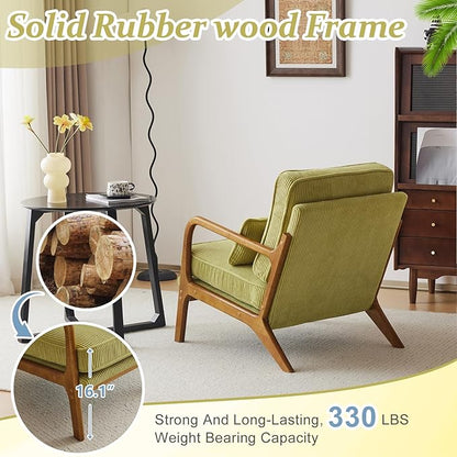 VINGLI Upgraded Premium Corduroy Accent Chair,Upholstered Arm Chair,Solid Wood Comfy Reading Chair with Pillow, Mid Century Modern Chairs for Living Room,Bedroom,Guest Room,Green