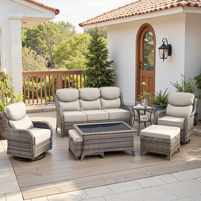 Belord Luxury 6" Thick Cushioned 7 Pieces Patio Furniture Set with Outdoor Couch, Wicker Outdoor Conversation Set with High Back Swivel Rocker Chairs for Deck Porch Yard and Poolside - Grey+Beige