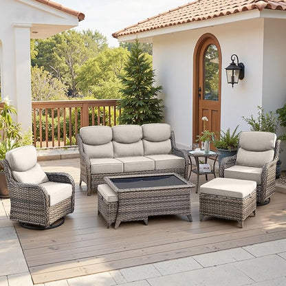 Belord Luxury 6" Thick Cushioned 7 Pieces Patio Furniture Set with Outdoor Couch, Wicker Outdoor Conversation Set with High Back Swivel Rocker Chairs for Deck Porch Yard and Poolside - Grey+Beige