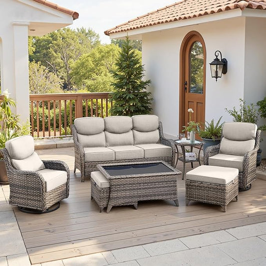 Belord Luxury 6" Thick Cushioned 7 Pieces Patio Furniture Set with Outdoor Couch, Wicker Outdoor Conversation Set with High Back Swivel Rocker Chairs for Deck Porch Yard and Poolside - Grey+Beige